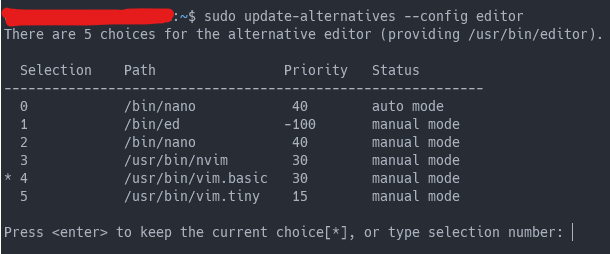 sudo update-alternatives --config editor の実行結果画面